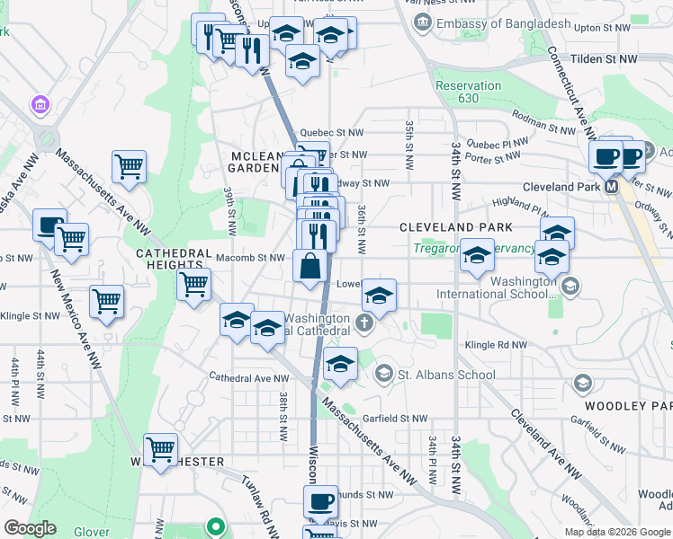 map of restaurants, bars, coffee shops, grocery stores, and more near 3213 Wisconsin Avenue in Washington