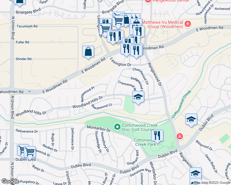 map of restaurants, bars, coffee shops, grocery stores, and more near 6915 Churchwood Circle in Colorado Springs