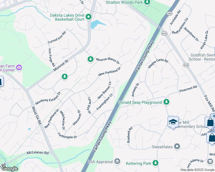 map of restaurants, bars, coffee shops, grocery stores, and more near 2614 New Banner Lane in Herndon