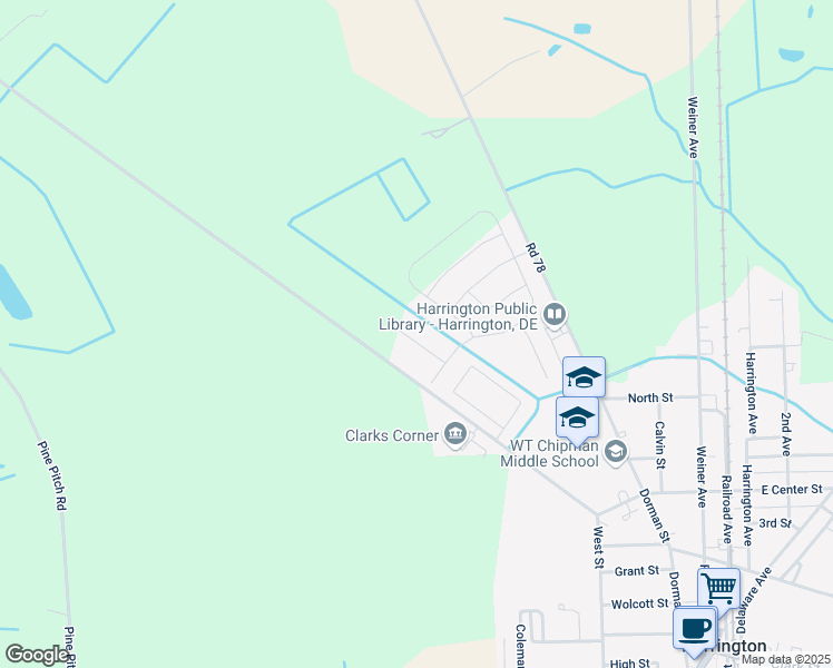 map of restaurants, bars, coffee shops, grocery stores, and more near 1008 Redwood Court in Harrington