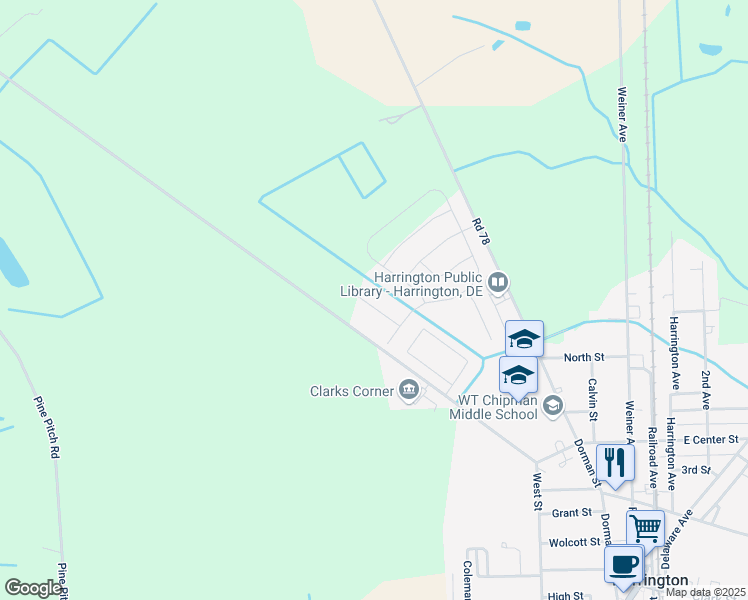 map of restaurants, bars, coffee shops, grocery stores, and more near 1008 Redwood Court in Harrington