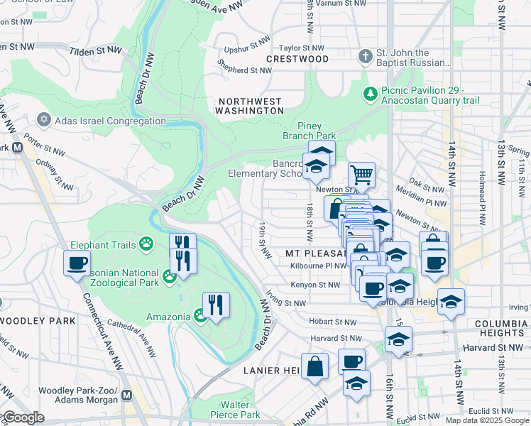 map of restaurants, bars, coffee shops, grocery stores, and more near 1884 Monroe Street Northwest in Washington