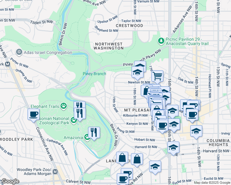 map of restaurants, bars, coffee shops, grocery stores, and more near 1884 Monroe Street Northwest in Washington