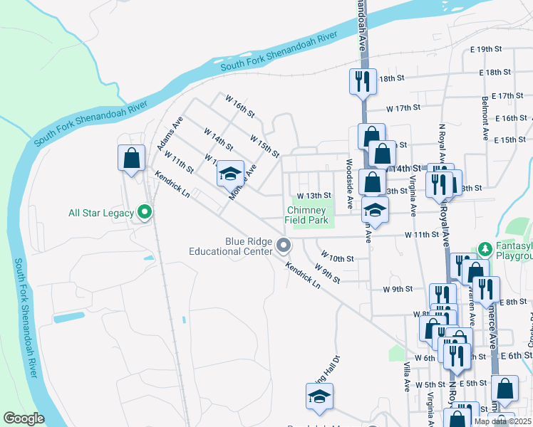 map of restaurants, bars, coffee shops, grocery stores, and more near 615 West 12th Street in Front Royal
