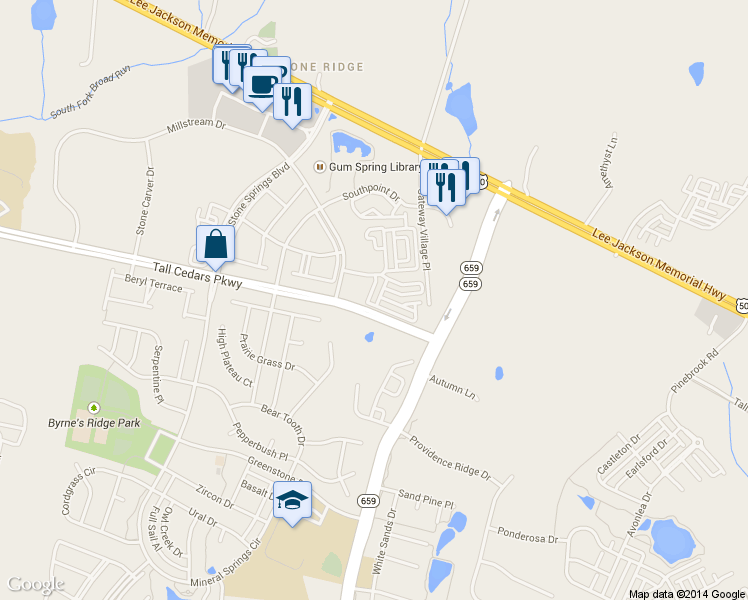 map of restaurants, bars, coffee shops, grocery stores, and more near 24764 Stone Station Terrace in Aldie