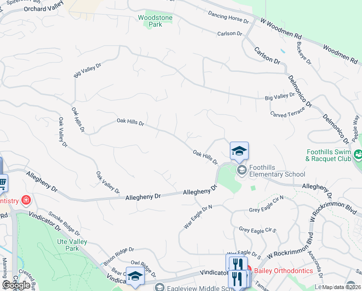 map of restaurants, bars, coffee shops, grocery stores, and more near 1125 Oak Hills Drive in Colorado Springs
