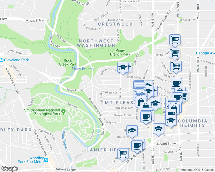 map of restaurants, bars, coffee shops, grocery stores, and more near 1864 Monroe Street Northwest in Washington