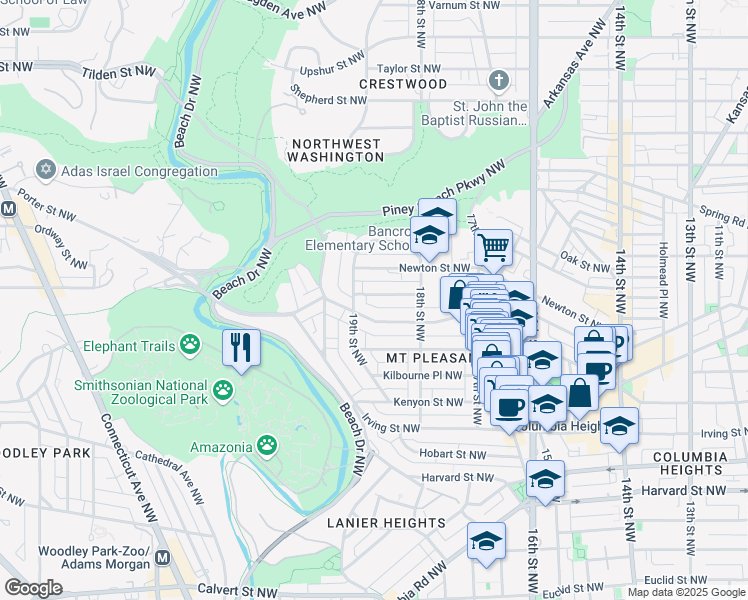 map of restaurants, bars, coffee shops, grocery stores, and more near 1866 Monroe Street Northwest in Washington