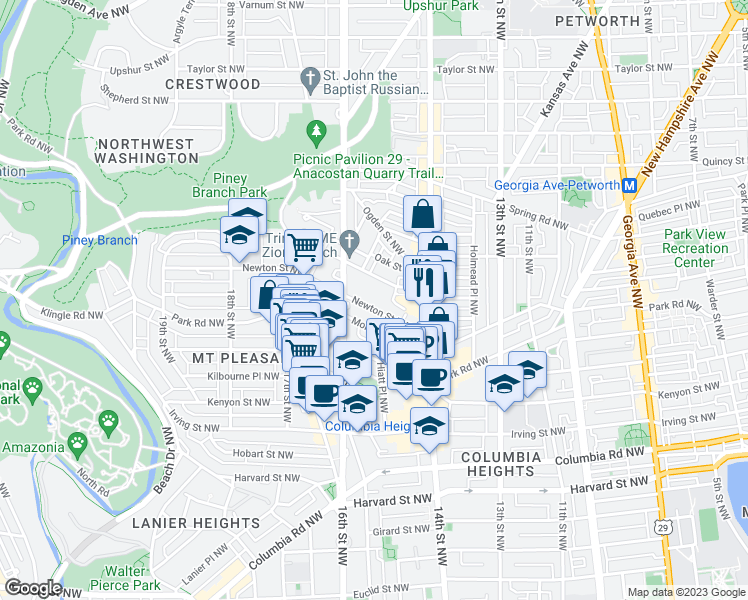 map of restaurants, bars, coffee shops, grocery stores, and more near 1495 Newton Street Northwest in Washington