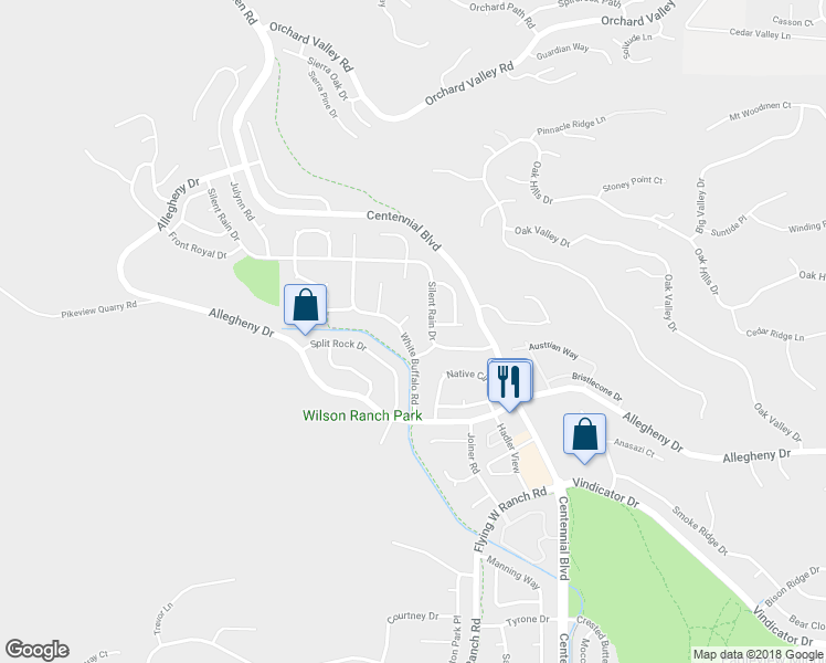 map of restaurants, bars, coffee shops, grocery stores, and more near 7031 White Buffalo Road in Colorado Springs