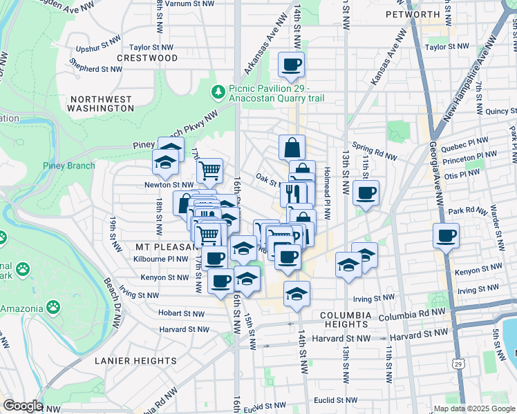 map of restaurants, bars, coffee shops, grocery stores, and more near 1495 Newton Street Northwest in Washington
