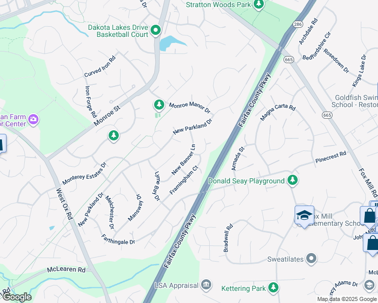 map of restaurants, bars, coffee shops, grocery stores, and more near 2614 New Banner Lane in Herndon