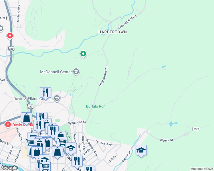 map of restaurants, bars, coffee shops, grocery stores, and more near 165 McQuain Road in Elkins