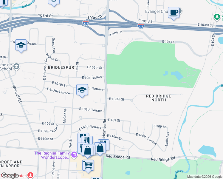 map of restaurants, bars, coffee shops, grocery stores, and more near 10733 Holmes Road in Kansas City