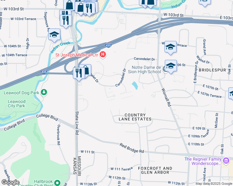 map of restaurants, bars, coffee shops, grocery stores, and more near 901 Carondelet Drive West in Kansas City