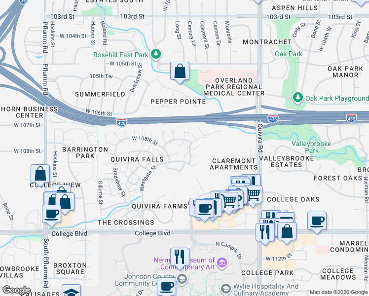 map of restaurants, bars, coffee shops, grocery stores, and more near 10798 Oakmont Street in Overland Park