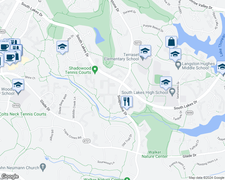 map of restaurants, bars, coffee shops, grocery stores, and more near 2249 Castle Rock Square in Reston