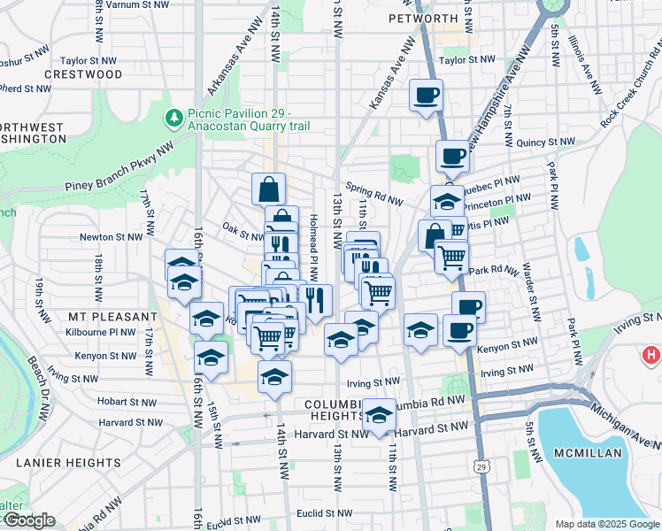 map of restaurants, bars, coffee shops, grocery stores, and more near 3526 13th Street Northwest in Washington