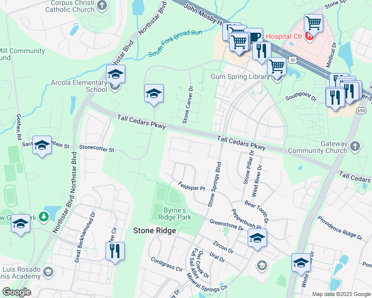map of restaurants, bars, coffee shops, grocery stores, and more near 41936 Cinnabar Square in Stone Ridge