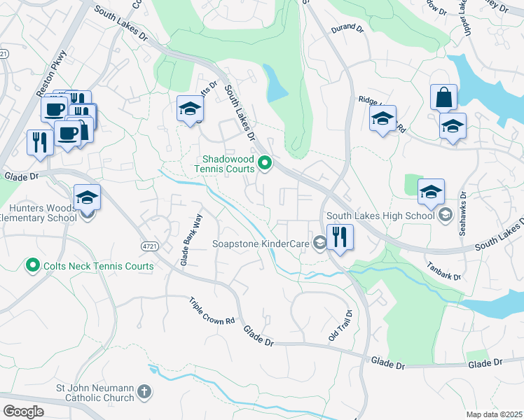 map of restaurants, bars, coffee shops, grocery stores, and more near 2233 Lovedale Lane in Reston