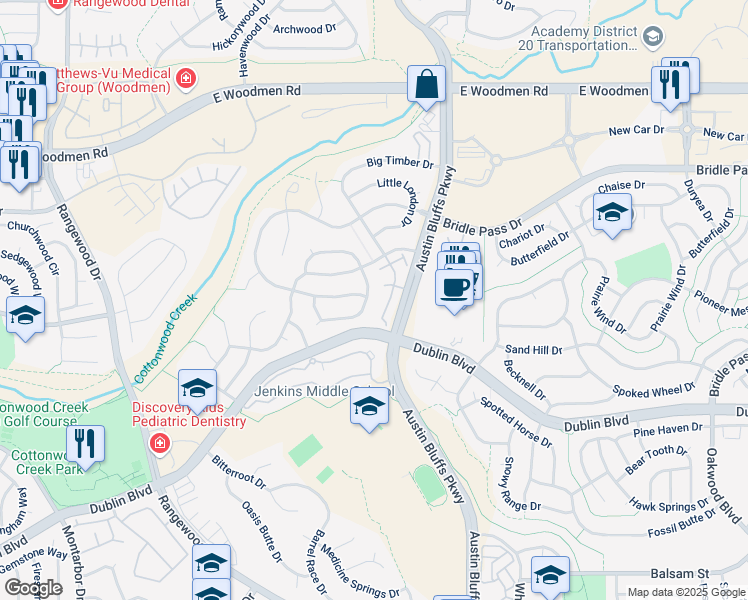 map of restaurants, bars, coffee shops, grocery stores, and more near 6667 Cabin Creek Drive in Colorado Springs