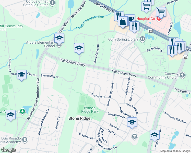 map of restaurants, bars, coffee shops, grocery stores, and more near 41936 Cinnabar Square in Stone Ridge