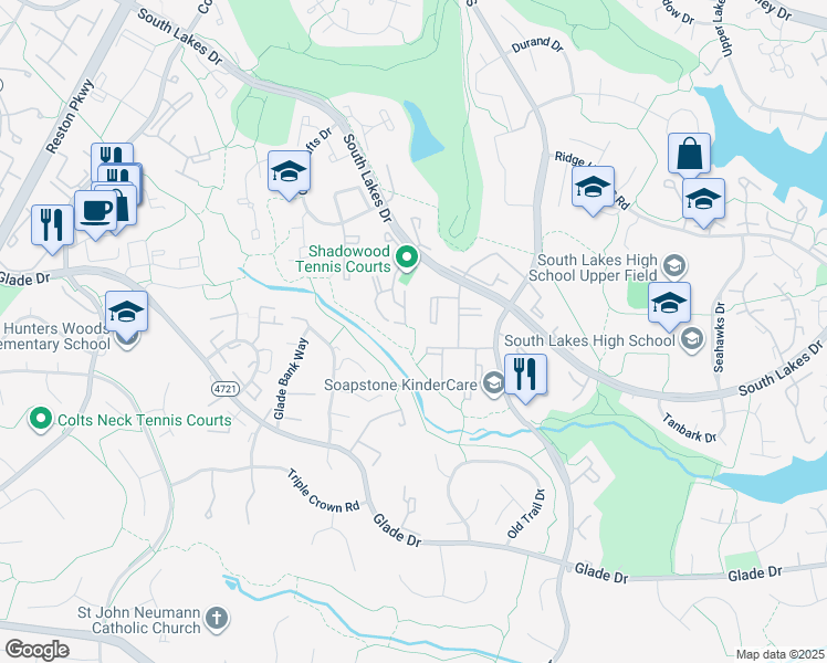 map of restaurants, bars, coffee shops, grocery stores, and more near 2233 Lovedale Lane in Reston