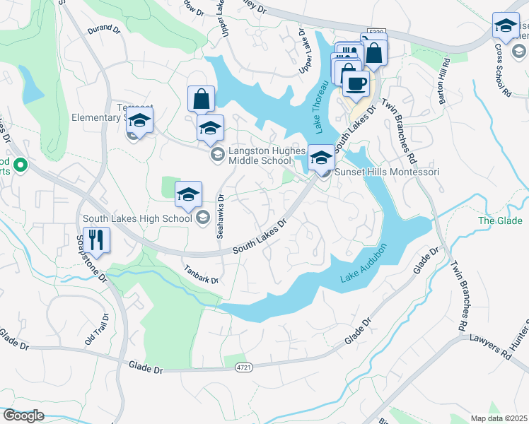 map of restaurants, bars, coffee shops, grocery stores, and more near 11286 Silentwood Lane in Reston
