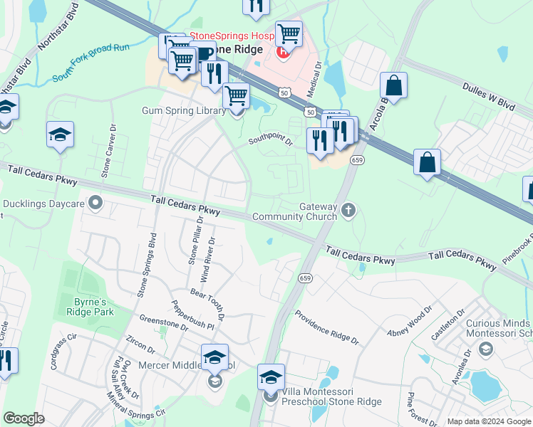 map of restaurants, bars, coffee shops, grocery stores, and more near 24759 Stone Station Terrace in Aldie