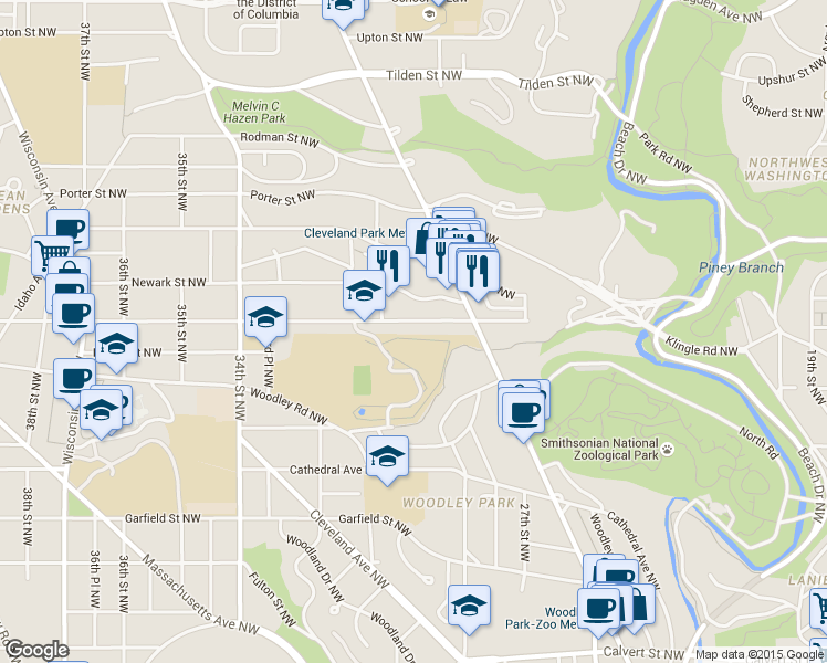 map of restaurants, bars, coffee shops, grocery stores, and more near 2948 Macomb St NW in Washington