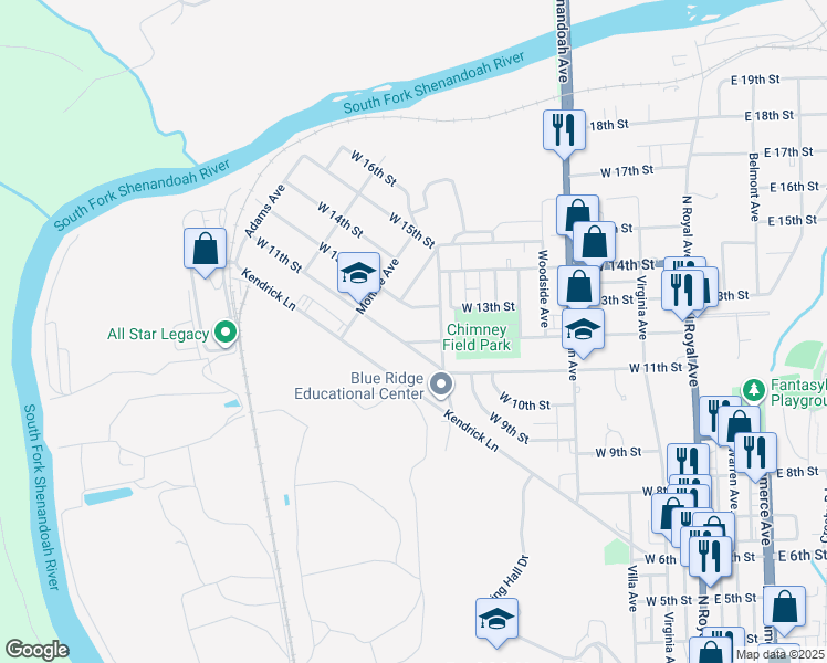 map of restaurants, bars, coffee shops, grocery stores, and more near 615 West 12th Street in Front Royal
