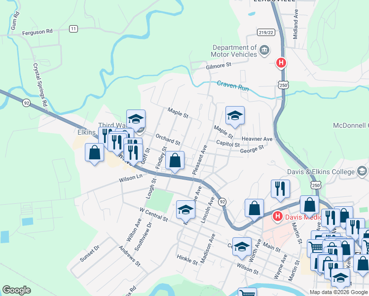 map of restaurants, bars, coffee shops, grocery stores, and more near 201 Grant Street in Elkins