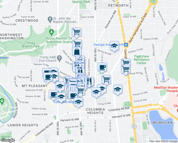 map of restaurants, bars, coffee shops, grocery stores, and more near Holmead Pl NW & Meridian Pl NW in Washington