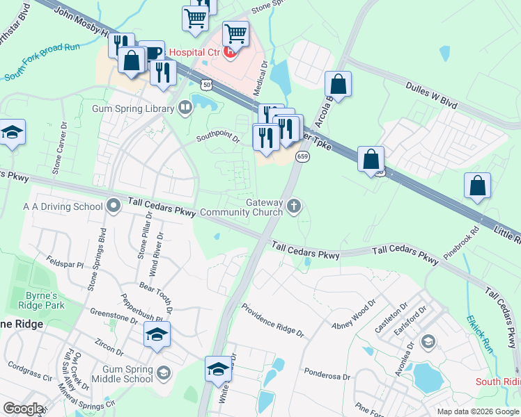 map of restaurants, bars, coffee shops, grocery stores, and more near 24796 Gateway Village Place in South Riding