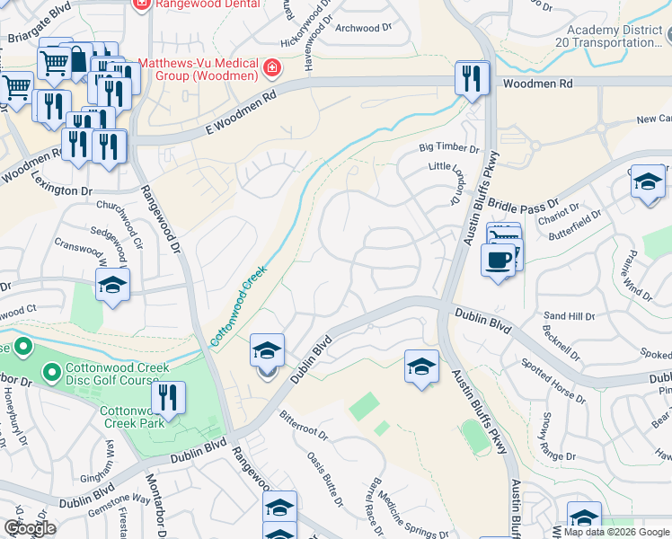 map of restaurants, bars, coffee shops, grocery stores, and more near 6626 Dream Weaver Drive in Colorado Springs