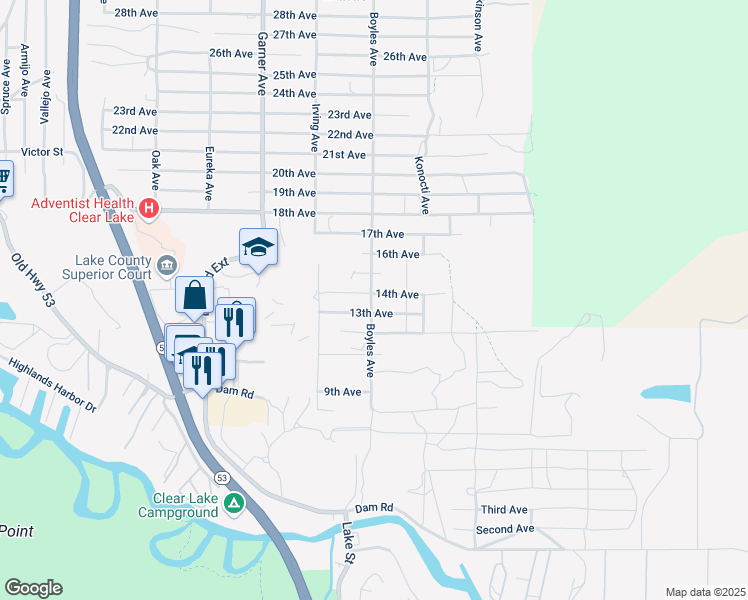 map of restaurants, bars, coffee shops, grocery stores, and more near 16125 14th Avenue in Clearlake