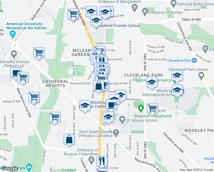 map of restaurants, bars, coffee shops, grocery stores, and more near 3217 Wisconsin Avenue Northwest in Washington