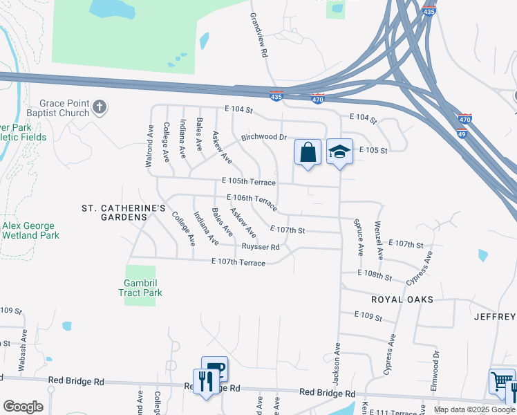 map of restaurants, bars, coffee shops, grocery stores, and more near 3711 East 107th Street in Kansas City