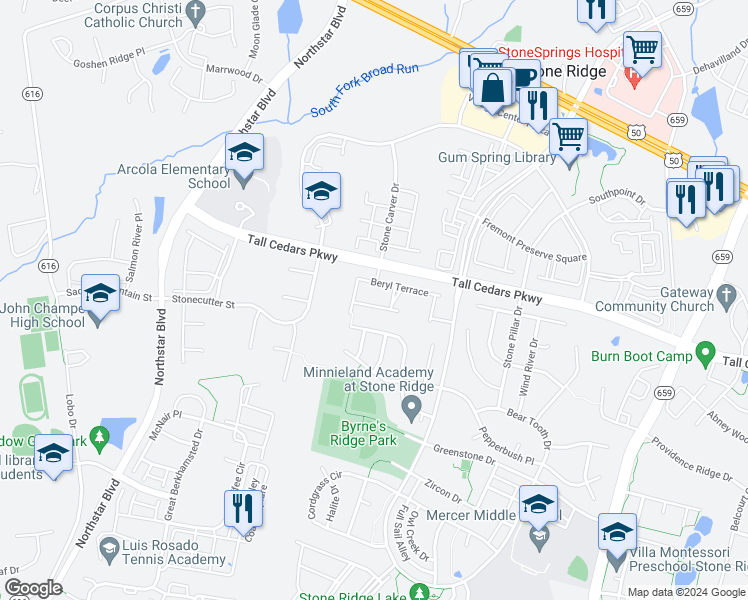 map of restaurants, bars, coffee shops, grocery stores, and more near 41902 Cinnabar Square in Aldie