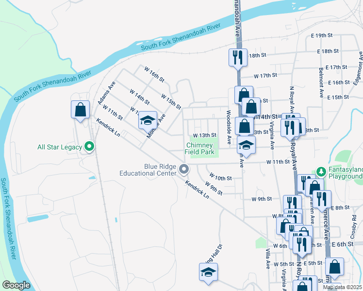 map of restaurants, bars, coffee shops, grocery stores, and more near 1206 Massanutten Avenue in Front Royal