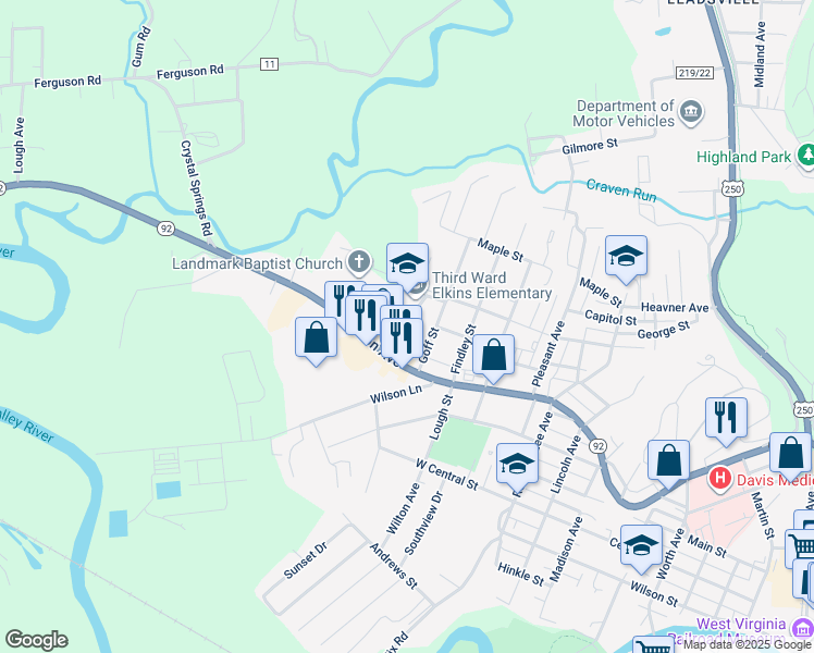 map of restaurants, bars, coffee shops, grocery stores, and more near 5 Goff Street in Elkins