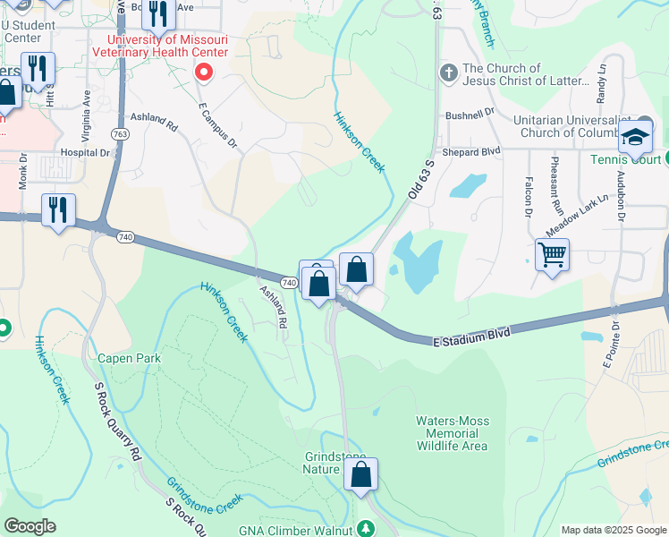 map of restaurants, bars, coffee shops, grocery stores, and more near 1301 Old 63 South in Columbia