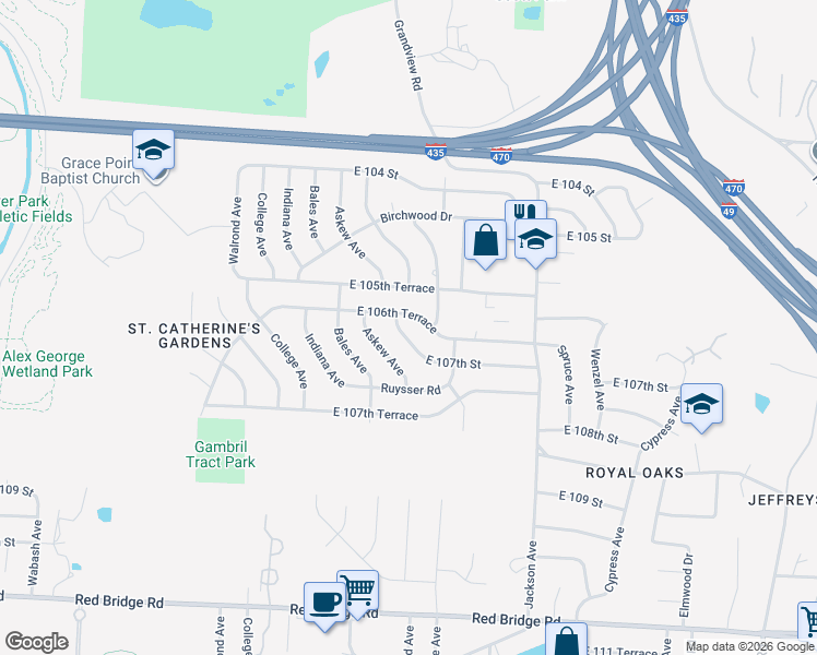 map of restaurants, bars, coffee shops, grocery stores, and more near 3711 East 107th Street in Kansas City