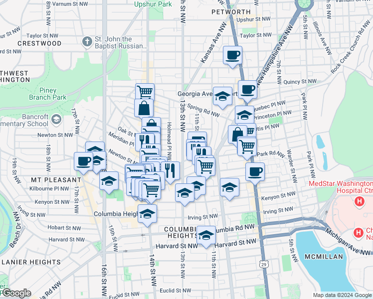 map of restaurants, bars, coffee shops, grocery stores, and more near 3517 13th Street Northwest in Washington
