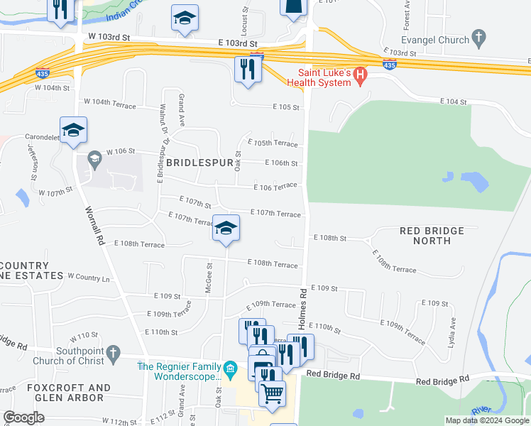 map of restaurants, bars, coffee shops, grocery stores, and more near 503 E 107 Terrace in Kansas City