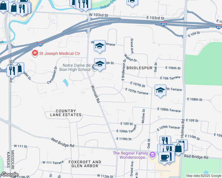 map of restaurants, bars, coffee shops, grocery stores, and more near 15 West Bridlespur Terrace in Kansas City