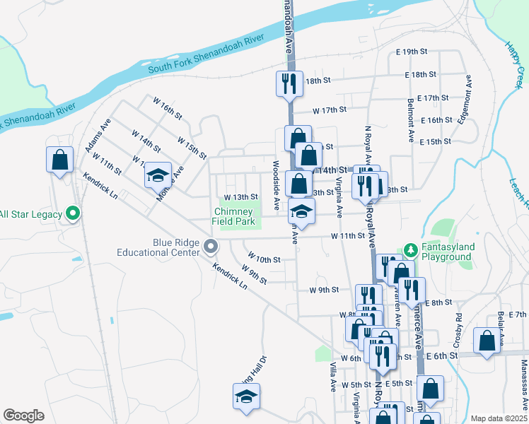 map of restaurants, bars, coffee shops, grocery stores, and more near 407 West 12th Street in Front Royal