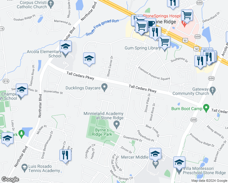 map of restaurants, bars, coffee shops, grocery stores, and more near 41943 Cinnabar Square in Aldie