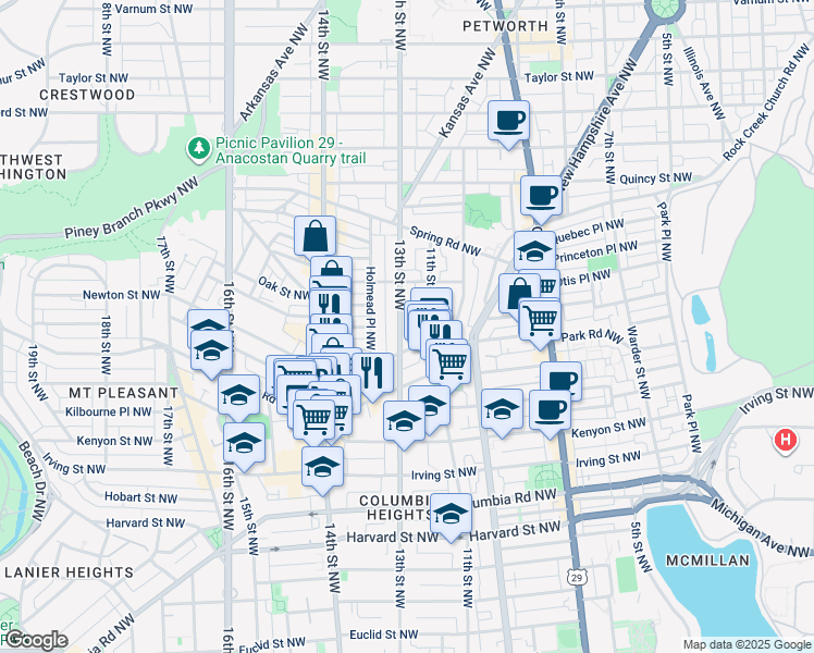 map of restaurants, bars, coffee shops, grocery stores, and more near 3517 13th Street Northwest in Washington