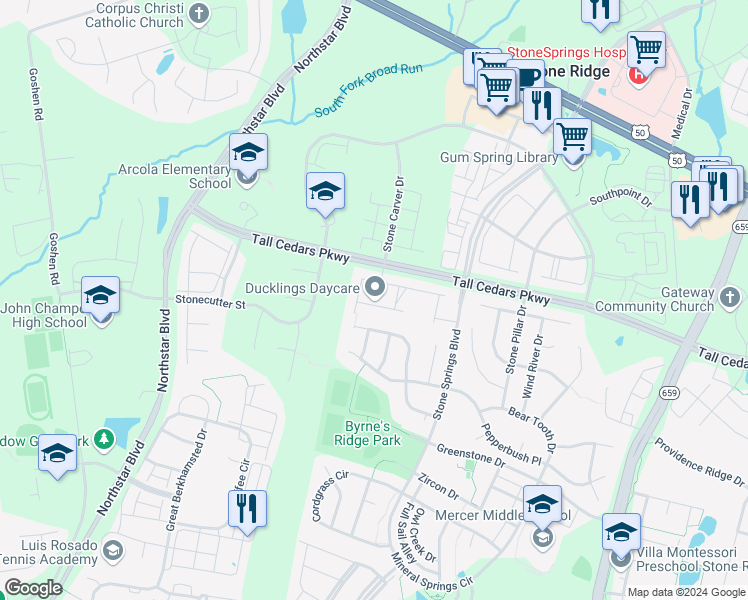 map of restaurants, bars, coffee shops, grocery stores, and more near 41898 Cinnabar Square in Loudoun